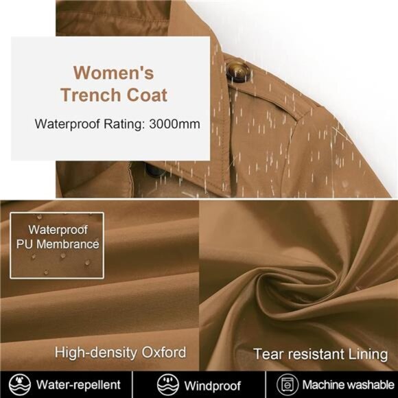 US Women's Trench Coat Double-Breasted Classic Lapel Overcoat Belted Slim - Picture 4 of 7